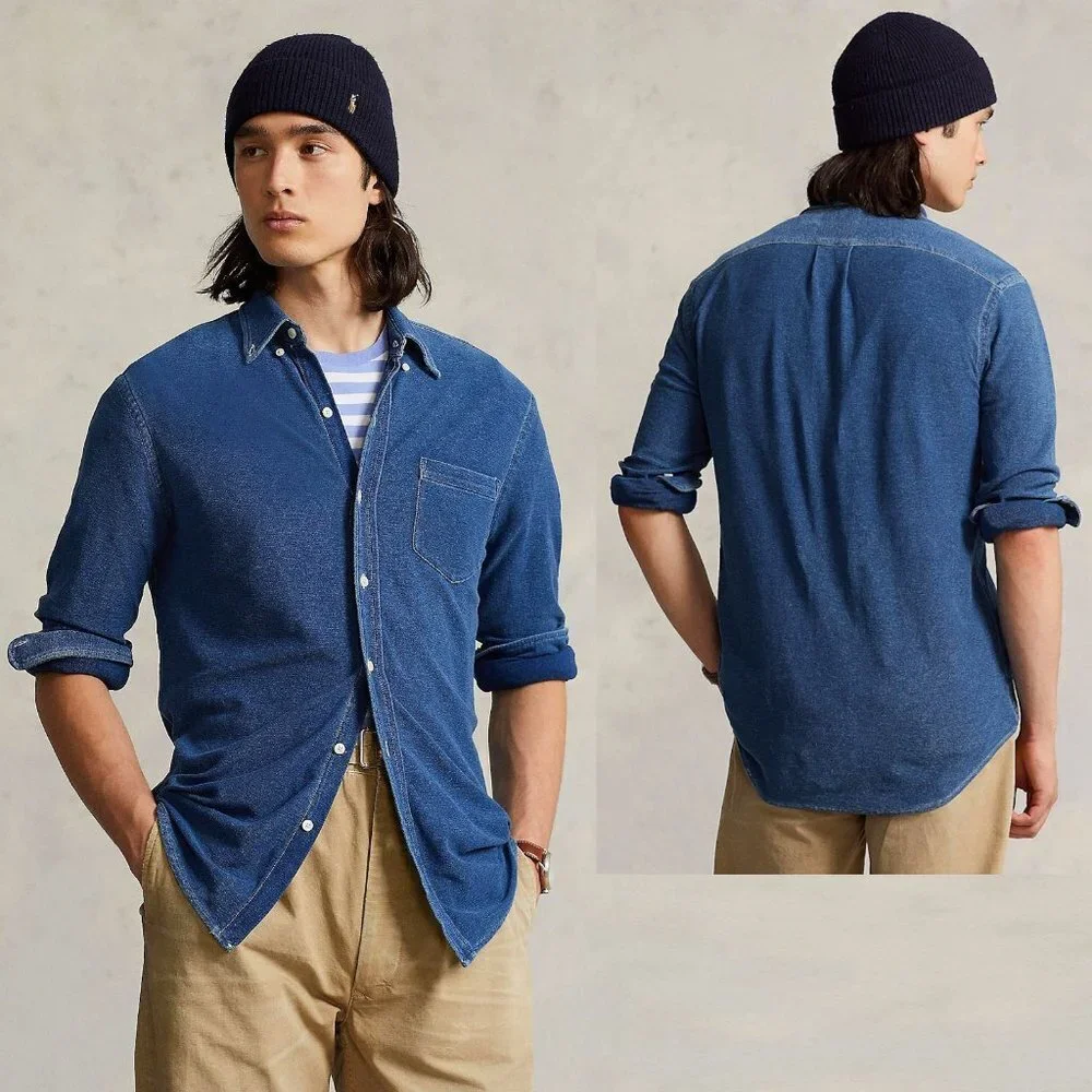 NWT New $168 Polo Ralph Lauren Knit Chambray Blue Cotton Shirt Size XXL
